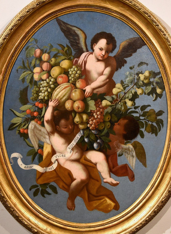 Trois Anges Tenant Une Composition De Fruits, Luigi Garzi (pistoia 1638 - Rome 1721) Attribué