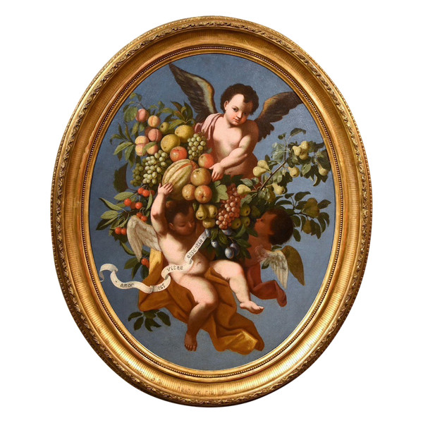 Trois Anges Tenant Une Composition De Fruits, Luigi Garzi (pistoia 1638 - Rome 1721) Attribué