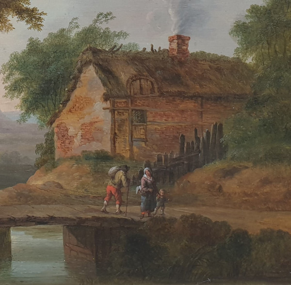 Ecole flamande du XVIIIe siècle - Paysage animé avec un pont et une chaumière
