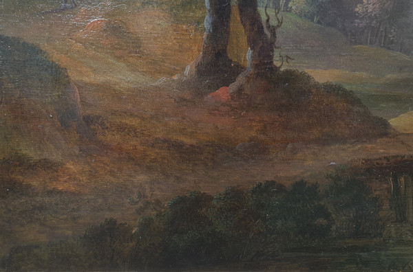 Ecole flamande du XVIIIe siècle - Paysage animé avec un pont et une chaumière