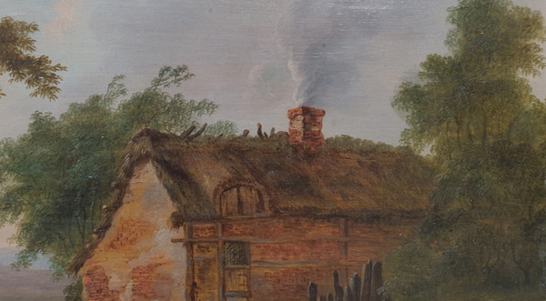 Ecole flamande du XVIIIe siècle - Paysage animé avec un pont et une chaumière