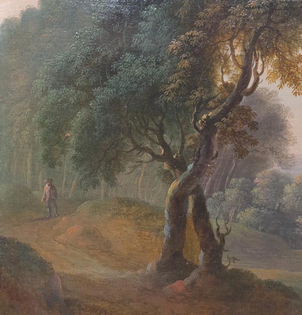 Ecole flamande du XVIIIe siècle - Paysage animé avec un pont et une chaumière