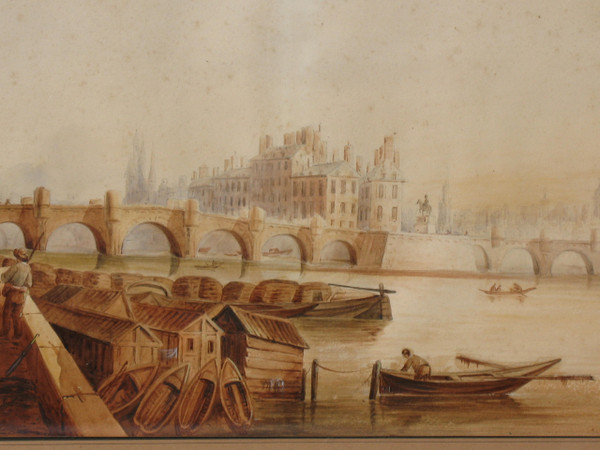Vue du Pont Neuf à Paris grande aquarelle encadrée époque 19ème