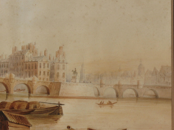 Vue du Pont Neuf à Paris grande aquarelle encadrée époque 19ème