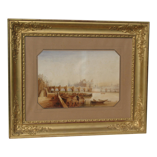 Vue du Pont Neuf à Paris grande aquarelle encadrée époque 19ème