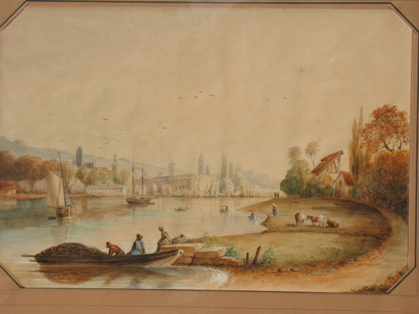 Vue de Rouen grande aquarelle encadrée époque 19ème