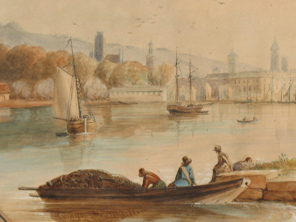 Vue de Rouen grande aquarelle encadrée époque 19ème