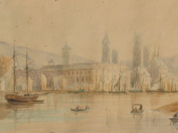 Vue de Rouen grande aquarelle encadrée époque 19ème