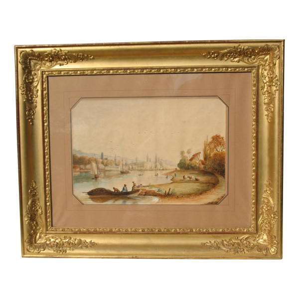Vue de Rouen grande aquarelle encadrée époque 19ème