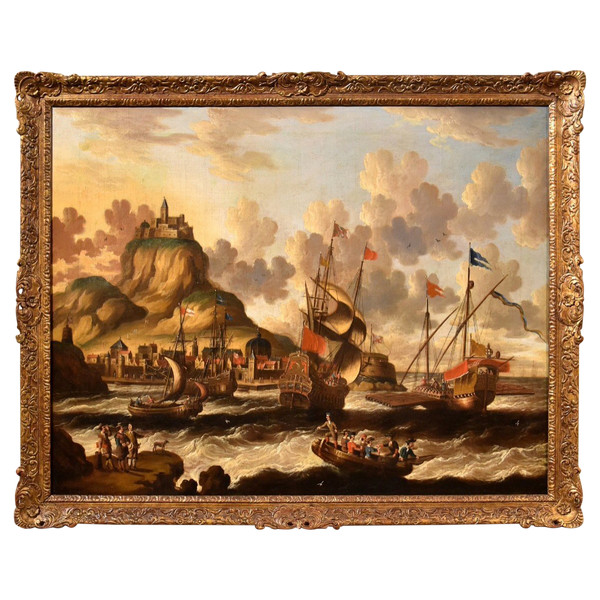 Coastal View With Ships And Castle, Peter Van Der Velde (antwerp 1634 - C.1714) Monogrammed
