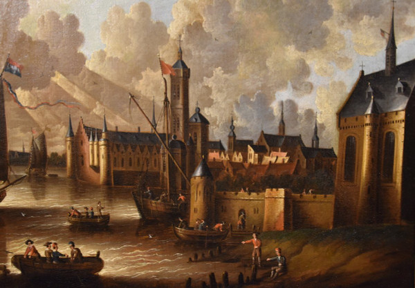 Vue Côtière Avec Ville Fortifiée, Peter Van Der Velde (anvers 1634 - C.1714)