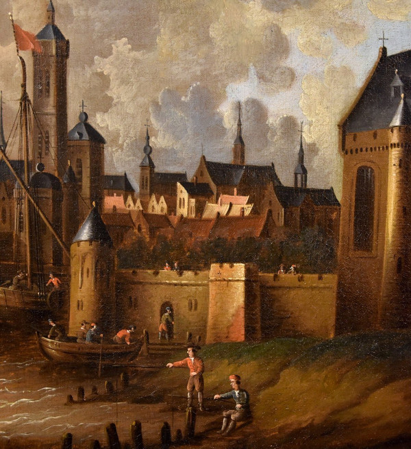 Vue Côtière Avec Ville Fortifiée, Peter Van Der Velde (anvers 1634 - C.1714)