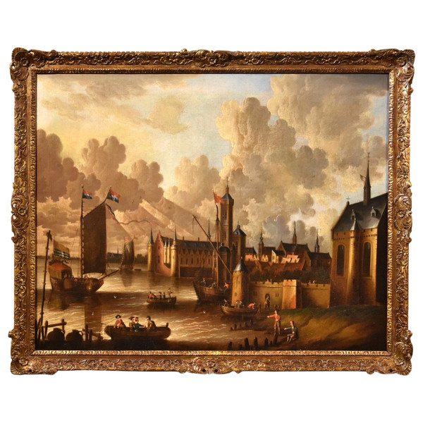 Vue Côtière Avec Ville Fortifiée, Peter Van Der Velde (anvers 1634 - C.1714)