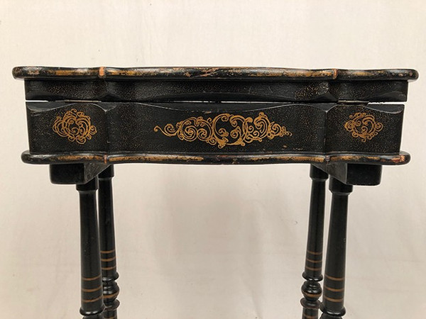 Small Napoleon III work table, wood and boiled cardboard with painted flower decoration