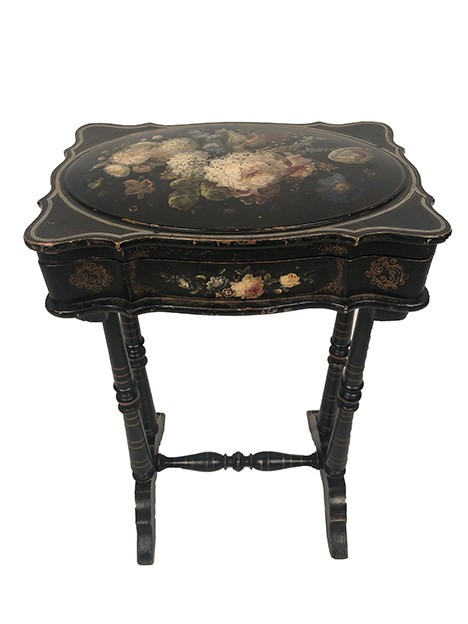 Small Napoleon III work table, wood and boiled cardboard with painted flower decoration