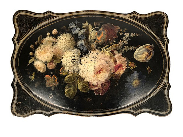 Small Napoleon III work table, wood and boiled cardboard with painted flower decoration