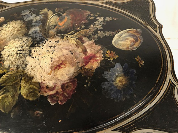 Small Napoleon III work table, wood and boiled cardboard with painted flower decoration