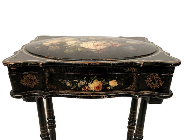 Small Napoleon III work table, wood and boiled cardboard with painted flower decoration