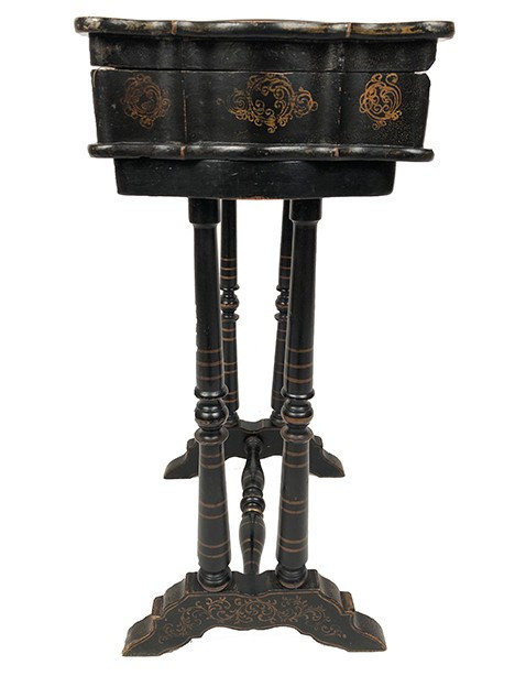 Small Napoleon III work table, wood and boiled cardboard with painted flower decoration