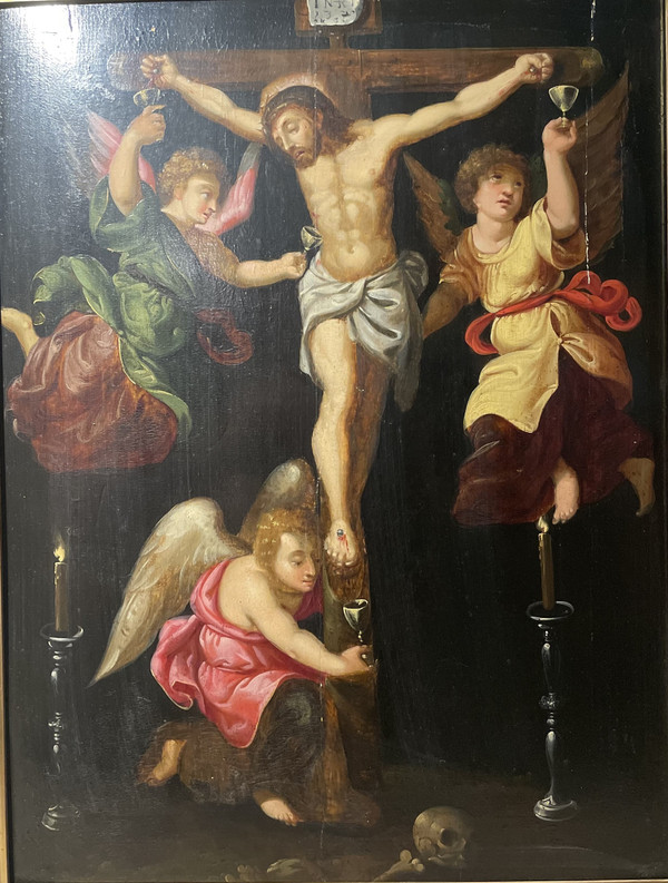 Kreuzigung mit drei Engeln - Öl Auf Holz -XVII.