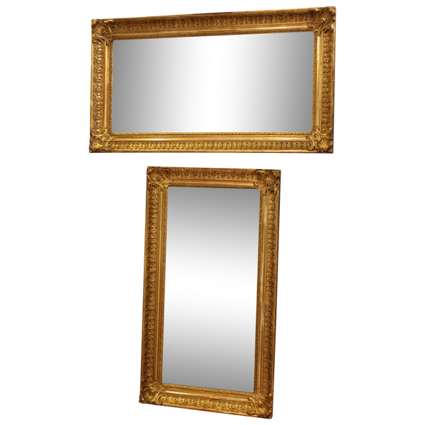 Paire De Miroirs Anciens Rectangle, Feuille d'Or 52 X 93 Cm