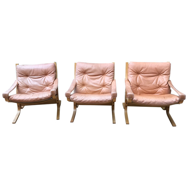 Tre poltrone scandinave in teak e pelle del 1970 circa di Westlanske