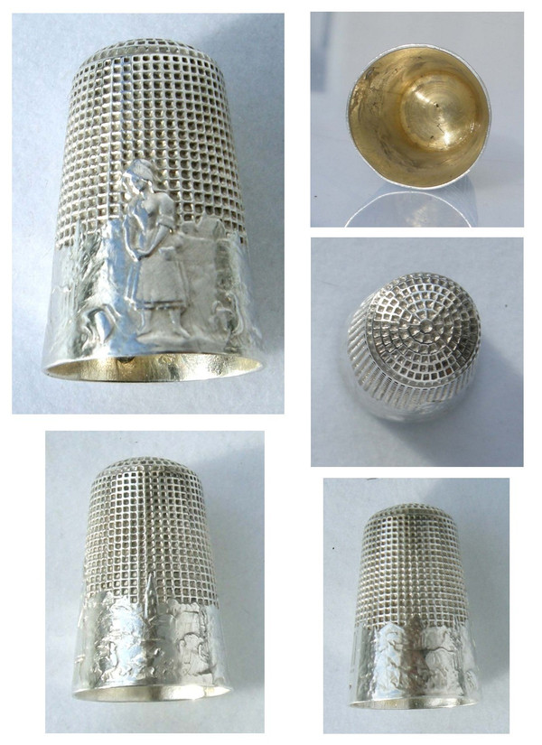 Set da cucito in argento Art Nouveau "La laitière et le pot au lait" (La lattaia e il bricco del latte) fine XIX secolo