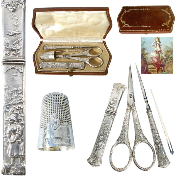 Set da cucito in argento Art Nouveau "La laitière et le pot au lait" (La lattaia e il bricco del latte) fine XIX secolo