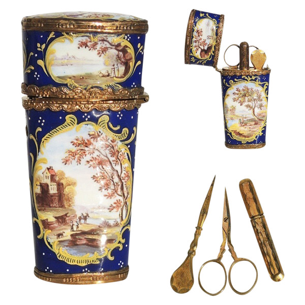 Sewing set in a late 18th-early 19th-century enamelled case