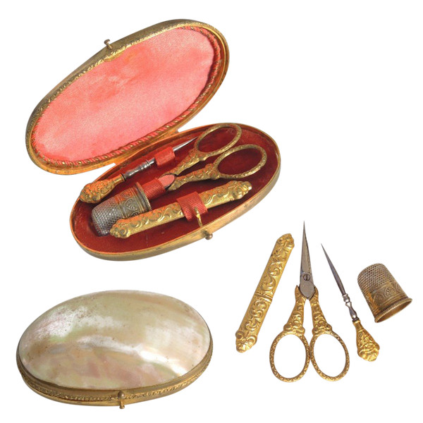 Miniature sewing set in a mother-of-pearl shell pompom tools