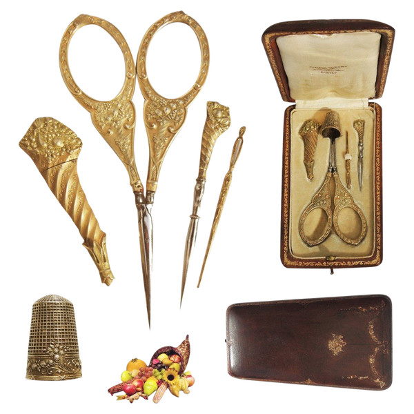 Antique sewing set VERMEIL horn of plenty case