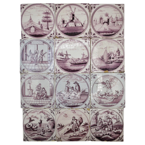 Twelve earthenware tiles, Delft 18th century.