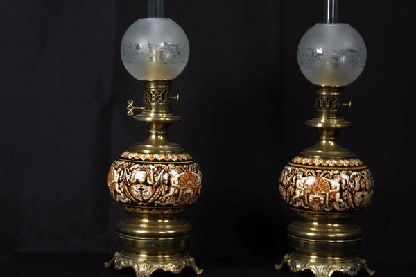 Coppia di lampade Gien, non elettrificate, XIX secolo