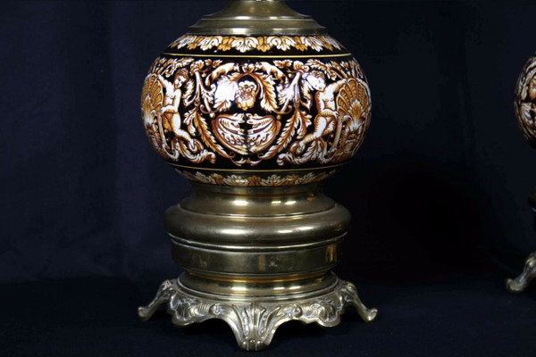 Coppia di lampade Gien, non elettrificate, XIX secolo