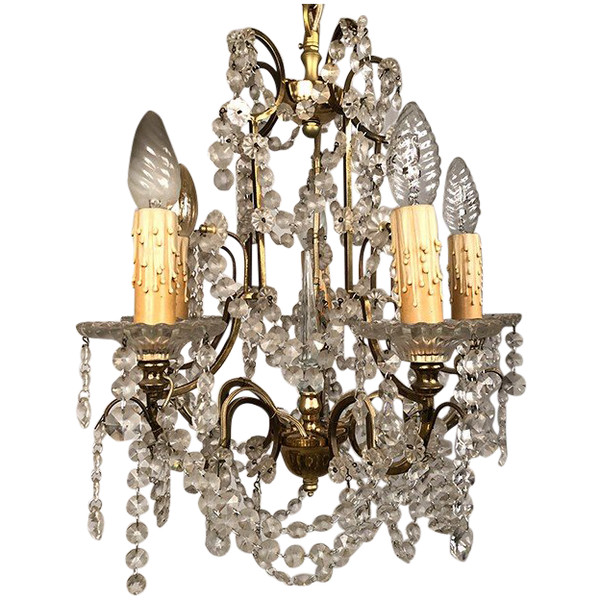 Lampadario a cinque luci, metallo dorato, fine XIX secolo
