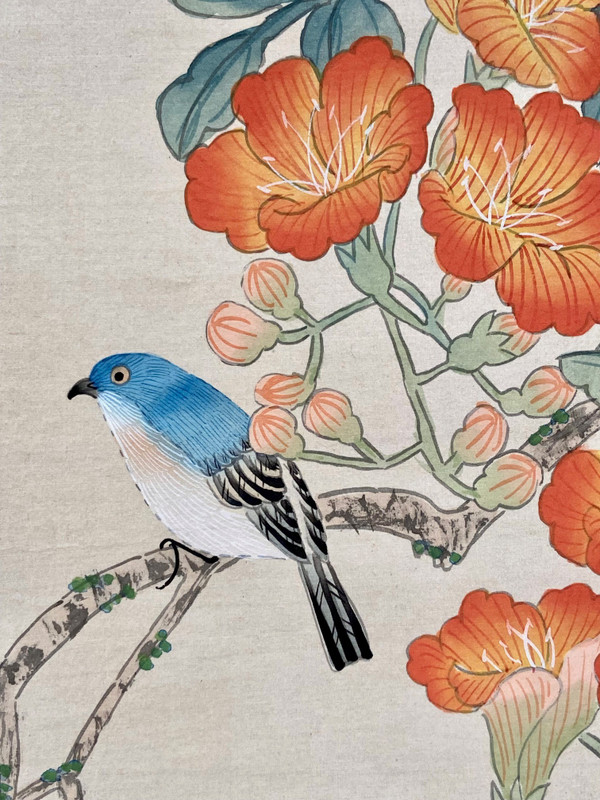China, 1950s, Silk Painting Bird Among Flowering Branches.