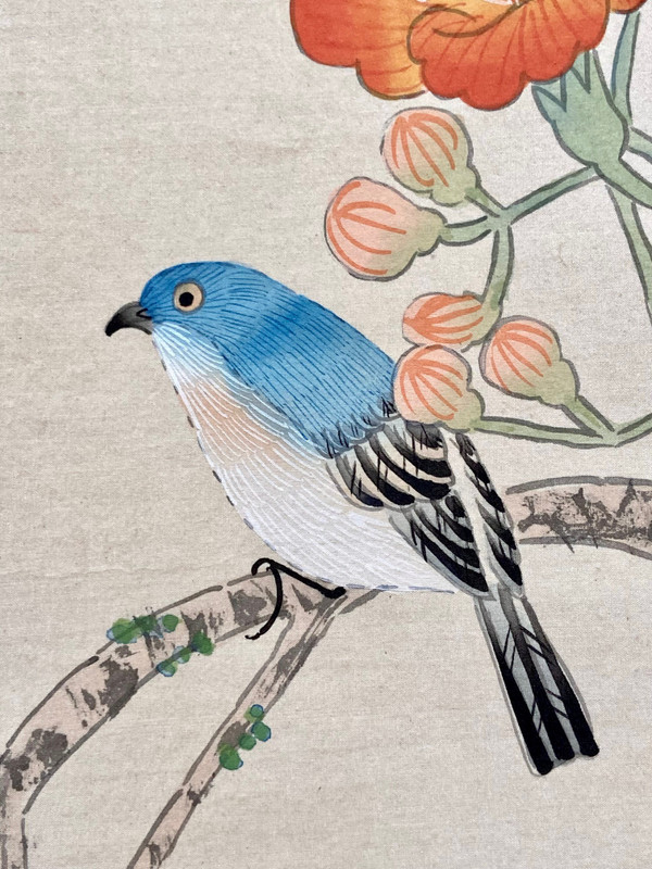 China, 1950s, Silk Painting Bird Among Flowering Branches.