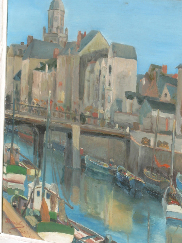 Port du Croisic huile sur isorel signée Georges Demoulin Scène de port 
