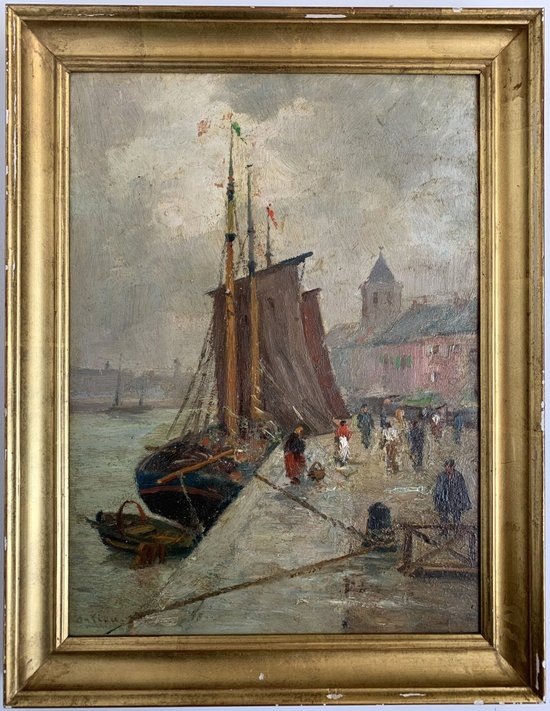 Paul Ortiou (1867-?) - Öl, Boot am Kai, Marine, Port Animé