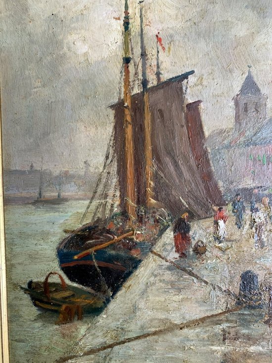 Paul Ortiou (1867-?) - Öl, Boot am Kai, Marine, Port Animé
