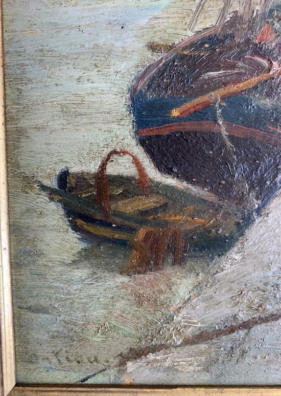 Paul Ortiou (1867-?) - Öl, Boot am Kai, Marine, Port Animé