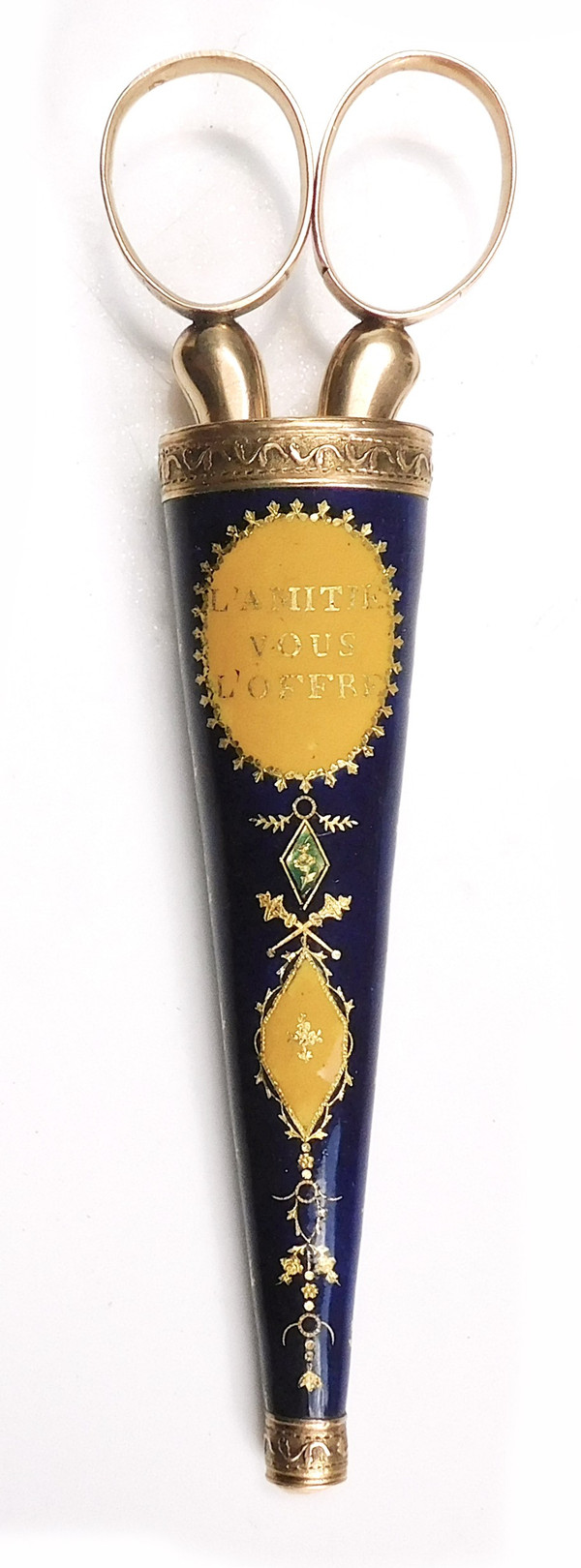 Etui émaillé sur vermeil Palais Royal ancien XIXe avec ciseaux or couture broderie