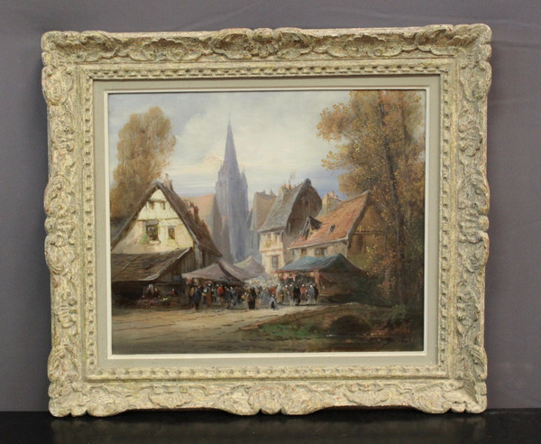 Öl auf Leinwand, das eine Marktszene in Rouen von Paul Devillers darstellt