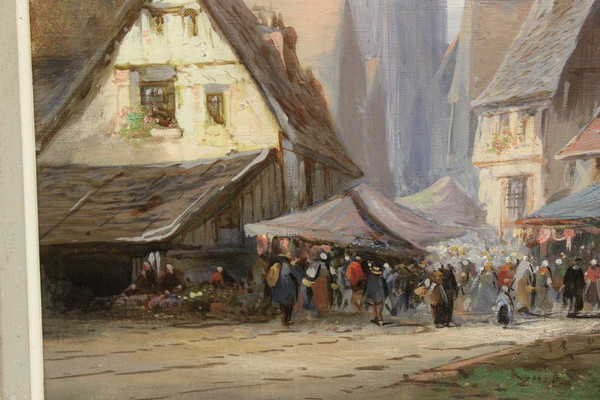 Öl auf Leinwand, das eine Marktszene in Rouen von Paul Devillers darstellt