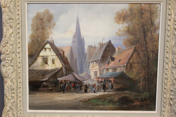 Öl auf Leinwand, das eine Marktszene in Rouen von Paul Devillers darstellt