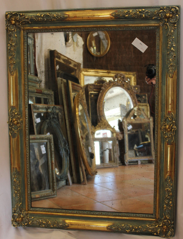 Miroir Ancien Rectangle, Décor De Fleurs, Feuille d'Or Et Patine, Glace Mercure 84 X 111 Cm