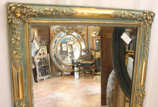 Miroir Ancien Rectangle, Décor De Fleurs, Feuille d'Or Et Patine, Glace Mercure 84 X 111 Cm