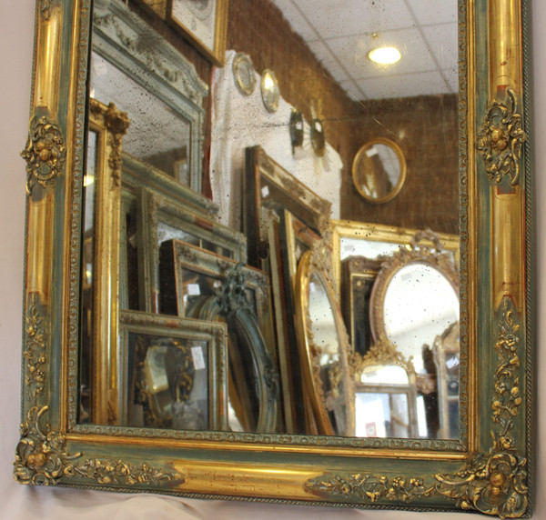 Miroir Ancien Rectangle, Décor De Fleurs, Feuille d'Or Et Patine, Glace Mercure 84 X 111 Cm
