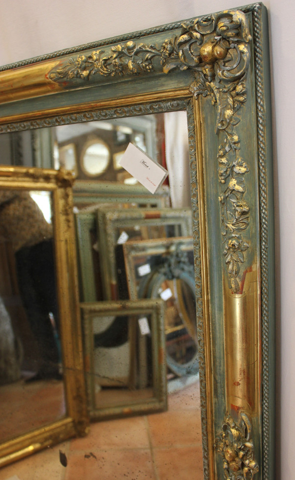 Miroir Ancien Rectangle, Décor De Fleurs, Feuille d'Or Et Patine, Glace Mercure 84 X 111 Cm
