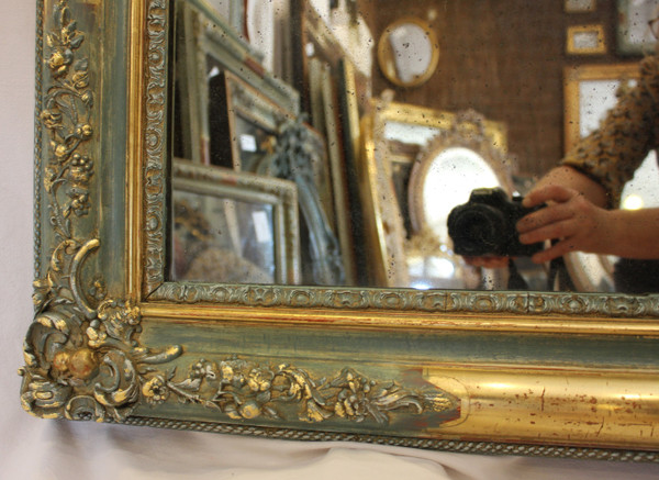 Miroir Ancien Rectangle, Décor De Fleurs, Feuille d'Or Et Patine, Glace Mercure 84 X 111 Cm